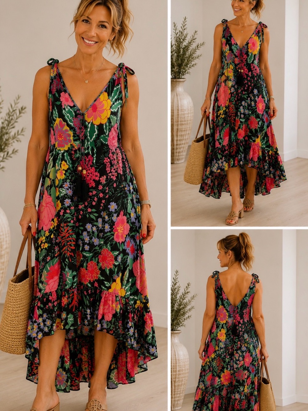Floral High-Low Maxi Dress with Tie Straps - Black Multi